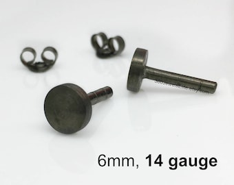 Black 14G stud earrings for men, gauged post earrings for stretched ear piercing, round ear cartilage stud, stretched ear hole, 420Matte-14G