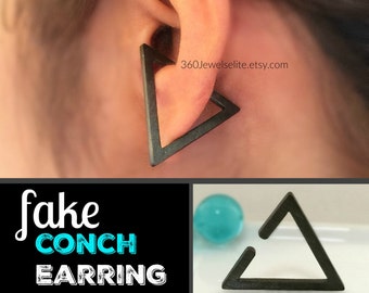 Fake gauge conch piercing hoop earring, faux gauged earring, non piercing earring, black hoop earring, cartilage earring, clip on, E236MB