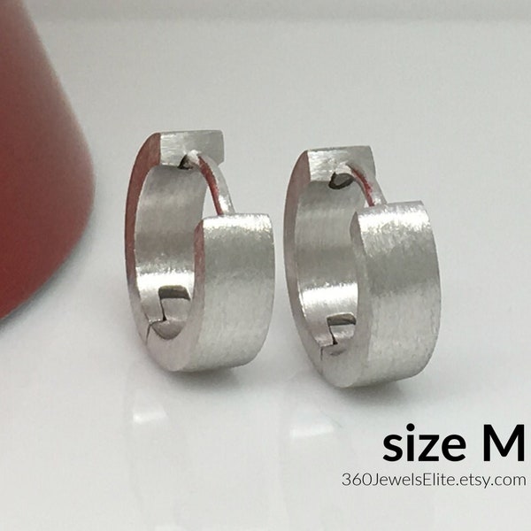 Pendientes de aro para hombre, pendientes de aro planos tubulares para hombre, pendientes de aro para hombre, acabado en oro blanco mate, pendientes de aro de plata de ley, E150MW