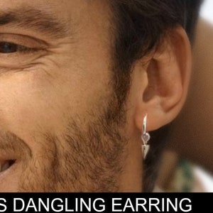Men's dangling earrings, dangle hoop earring, huggie earring, sterling silver earring, horn earring, cartilage hoop, tribal earrings, 560A