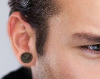 Large 12mm black post earrings, gigantic stud earrings for men, mens earrings, round stud earrings, fake gauge earring, fake plug, 420 12SB