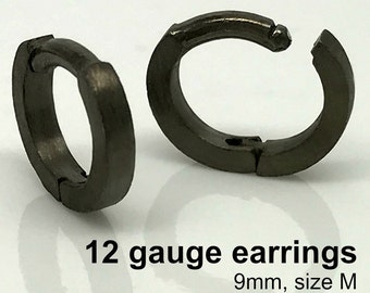 12 gauge campfire ash black hoop earrings, men's earrings, gauged cartilage earring, helix earring, huggie hoop earrings E140MB 12G