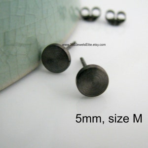 Black Stud Round Disc Mens Earrings - Plated over 925 Sterling Silver - Custom Gauge - Nail it Down Round Disc (420 5MB) 5mm Brushed Medium