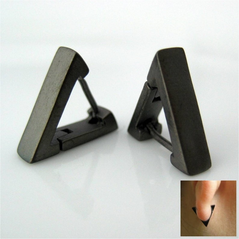Men's hoop earrings, blacken ash triangle hoop earrings, small hoop earrings for men, cartilage earring, helix hoop earring, E230MB image 3