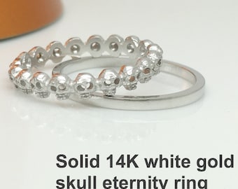 Wedding ring women, now and forever solid white gold ring,  unique wedding rings, tiny skull ring, thin gold ring, stackable rings