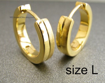 Men's earrings hoops plated in yellow gold - half matte and half polished design - simple everyday hoop earrings - 24K huggie hoops - E191MY