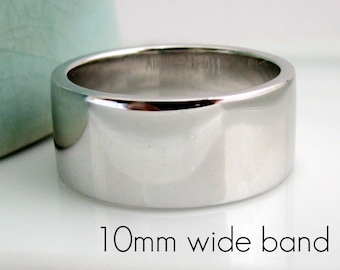 9mm-12mm Extra Thick Wedding Band - White Gold Plated over 925 Sterling Silver  - Flat Square Tube Design - Engravable and customizable