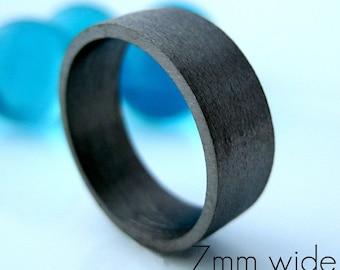 7mm wide wedding band, black gold ring, personalize and engrave wedding anniversary flat tube ring,  black wedding ring