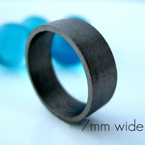 7mm wide wedding band, black gold ring, personalize and engrave wedding anniversary flat tube ring,  black wedding ring