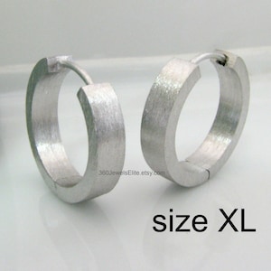 Extra Large Hoop Earrings - Mens Earrings XL - Rhodum White Gold plated over 925 Sterling Silver - Brushed Matte Finish - Size XL E193MW