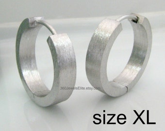 Extra Large Hoop Earrings - Mens Earrings XL - Rhodum White Gold plated over 925 Sterling Silver - Brushed Matte Finish - Size XL E193MW