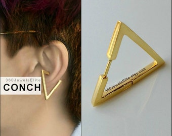 Gauge Conch Piercing Mens Earring Triangle - Gold Plated over 925 Silver hoop - Etsy Conch Helix Cartilage earring 12G 14G 16G 18G E235SY