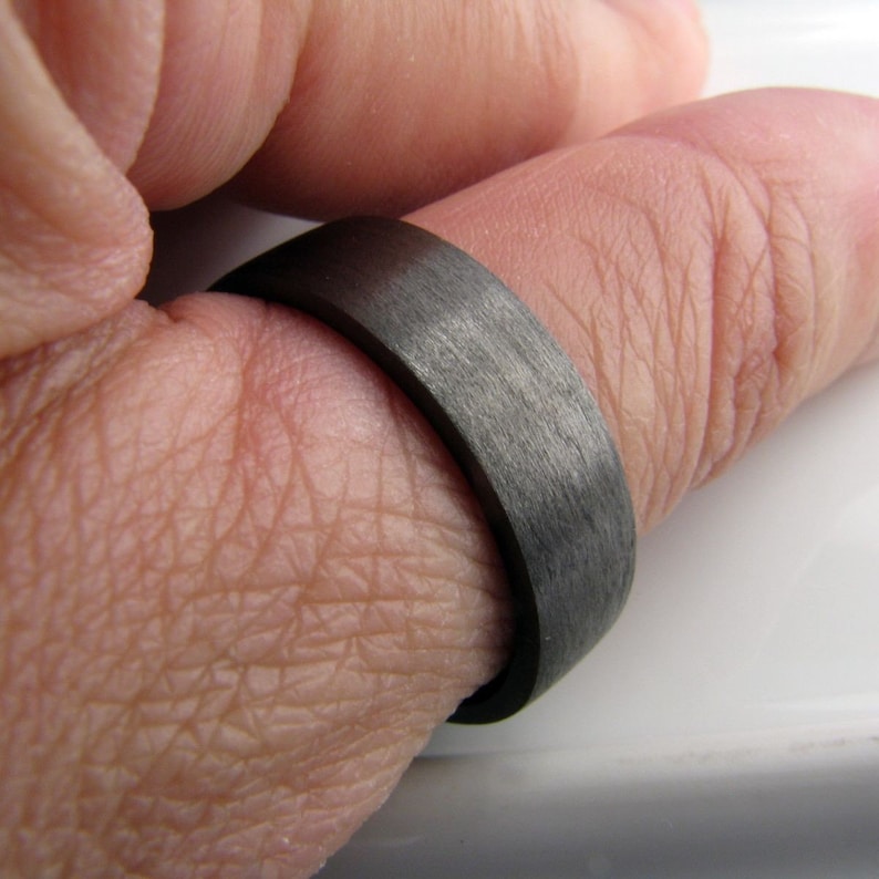 May include: A dark gray brushed metal ring worn on a finger.