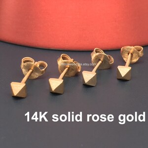 14K solid rose gold pyramid stud earrings stud earrings gold stud earrings rose gold studs men's stud earrings 3mm studs E310RGold image 3