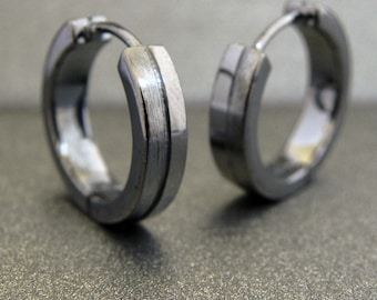 Mens earrings black hoops, earrings for guys, half polished half brushed finish, sterling silver earrings, oxidized look earrings, E191MB