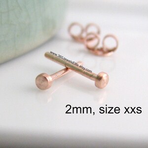 May include: Two 2mm rose gold ear studs, size xxs. The studs are small and delicate, perfect for a minimalist look.