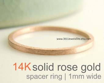 1mm Tiny 14K Solid Rose Gold Wedding Band in Brushed Finish, Flat Square Spacer Stackable Thin Customized Ring, Wedding Anniversary Promise