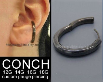 Mens Black Conch Gauge Earring - Black Plated 925 sterling silver hoop - Etsy Conch Helix Cartilage Piercing earring E192SB 12G 14G 16G 18G