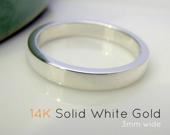 Solid 14K White Gold Wedding Band 3mm - Polished Shiny or Brushed Matte Finish - Flat Square Tube Ring - For Men Women - Promise Anniversary
