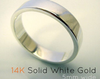 14K Solid White Gold 5mm Wedding Band - For men and women - Simple Flat Square Tube Ring - Brushed or Polished Finish - Customizable
