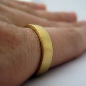 May include: A simple gold band ring worn on a finger.