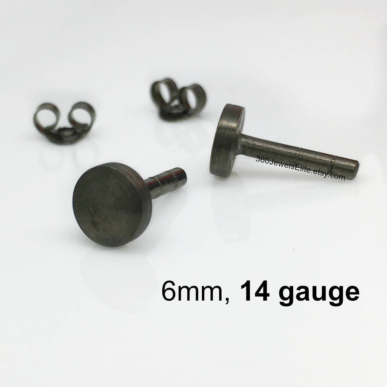 Black 14G Stud Earrings for Men, Gauged Post Earrings for
