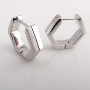 Geometric White Gold Mens Earrings Hoop - Plated over 925 Sterling Silver - Hexagon Medium Size HalfHalf (no.E250WHH)
