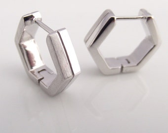 Geometric White Gold Mens Earrings Hoop - Plated over 925 Sterling Silver - Hexagon Medium Size HalfHalf (no.E250WHH)