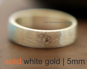 White Gold Diamond Wedding Band - 5mm Ring - Brushed or Polished Available - Engravable