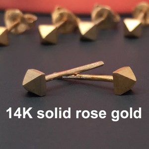 14K solid rose gold pyramid stud earrings stud earrings gold stud earrings rose gold studs men's stud earrings 3mm studs E310RGold image 1