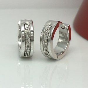 Silver hoop earrings, unique chain inlay hoop earrings, mens earrings, huggie hoop earrings, high quality sterling silver, E149SW