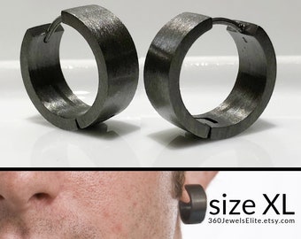 Custom for Dino schwarze Creolen für Männer, Ohrringe für Männer, schwarze Ohrringe für Männer, mutige Ohrringe, XL gebürstete matte Ohrring Creolen E196MB