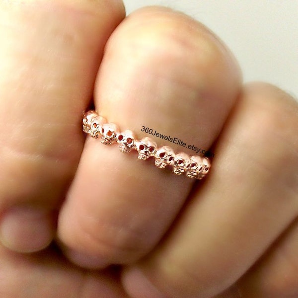 14K rose gold ring, immortally yours teaberry skull eternity ring, stackable ring, thin wedding ring, rose gold ring, wedding rings woman