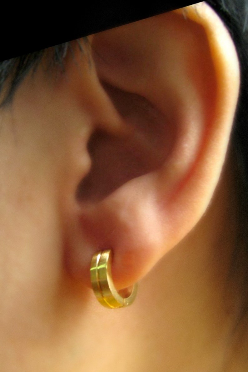Men's hoop earrings, binary solid gold hoop earrings, handmade men's earrings, 18K solid gold hoop earrings, huggie hoop earrings, E001MY image 5
