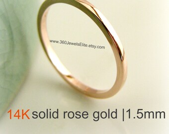 Banda de boda de oro rosa sólido, 14K pulido, cuadrado plano 1.5mm anillo de pila, anillo espaciador, anillo personalizado y grabado disponible, promoción