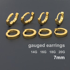 Gold gauged earrings, cartilage earrings, solid yellow gold hoop, cartilage earring gold, 18 gauge, 16 gauge, 14 gauge, men&#39;s hoop, E009SY