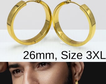 Pendientes de aro de oro 3X-grandes para hombres - pendientes redondos para hombres - oro real de 24K PLATADO sobre pendientes de plata de ley - pendientes macho - E197SY