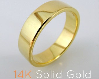 6mm Solid 14K Yellow Gold Wedding Band - Flat Tube Square Ring - Polished Shiny Finish - For Men or Women