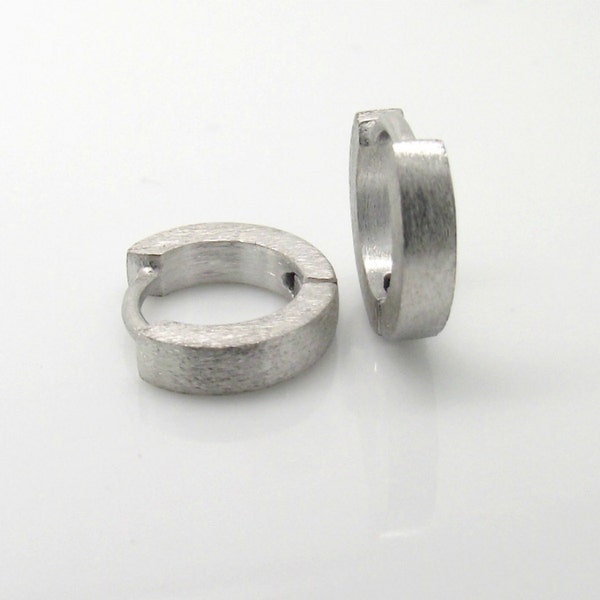 May include: A pair of silver hoop earrings with a brushed finish. The earrings are simple and elegant, and they would make a great gift for any occasion.