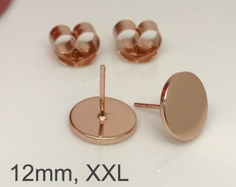 Hibiscus disc stud earrings, extra large rose gold stud earrings, mens stud earrings, fake plugs, nail it down, 420 12mm
