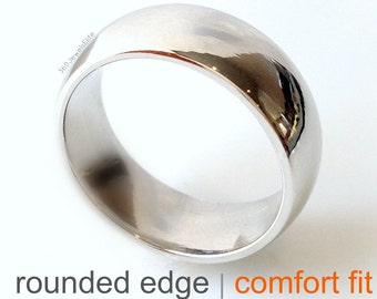 Comfort Fit Domed Rounded Edge Wedding Band - Polished White Gold Plated - 925 Sterling Silver Ring - For men or women -  Ready to ship