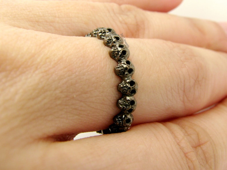 Tiny Gothic Skull Eternity Stack Ring, Silver, Wedding Promise Anniversary Band, Customizable image 4
