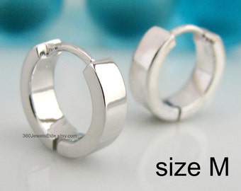 White Gold Rhodium Earrings Hoop Huggie - over 925 Sterling Silver - Mens Womens Earrings - Medium Size (E150SW)