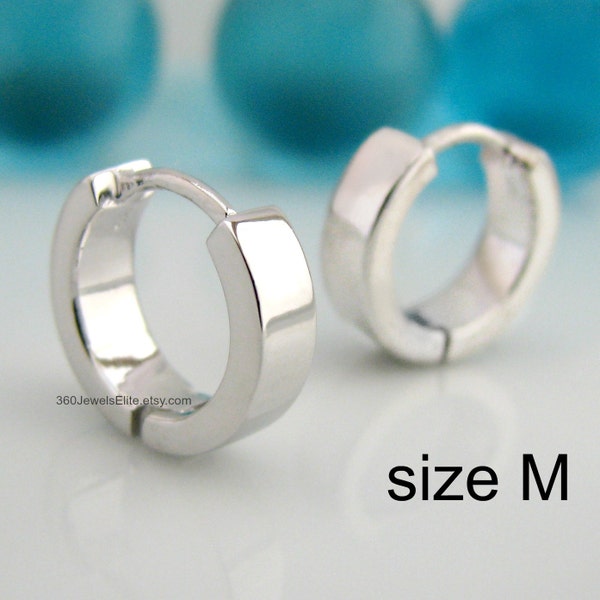 White Gold Rhodium Earrings Hoop Huggie - over 925 Sterling Silver - Mens Womens Earrings - Medium Size (E150SW)