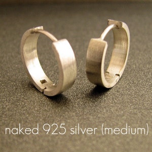 925 Sterling Silver Earrings Hoop Huggie - Matte Brushed Finish - Normal or Gauge Piercing Medium Size (no.E150MN)