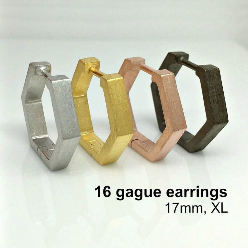 16 gauge hexagon cartilage hoop earrings, 16G earrings, extra large cartilage conch hoop earrings, men's cartilage gauged, E250XL 16G image 1