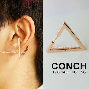 Conch Piercing Gauge Earring Rose Gold - Plated Sterling Silver Triangle Hoop - Etsy Conch Helix Cartilage earring 12G 14G 16G 18G -E235SR
