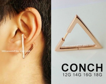 Conch Piercing Gauge Earring Rose Gold - Plated Sterling Silver Triangle Hoop - Etsy Conch Helix Cartilage earring 12G 14G 16G 18G -E235SR