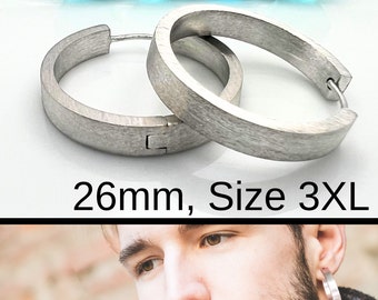 Pendientes de aro chapados en oro blanco esmerilado 3XL para hombre - pendientes grandes para chicos - Pendientes de plata de ley 925 - Acabado cepillado mate E197MW