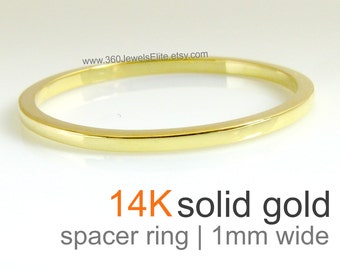 Solid 14K Yellow Gold Skinny Ring, 1mm Polished Flat Square Spacer Stackable Tiny Customized Wedding Band, Wedding Anniversary Promise